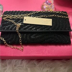 Badgley Mischka Jeweled Black Beaded  sequined Clutch Bag with gold-tone chain.